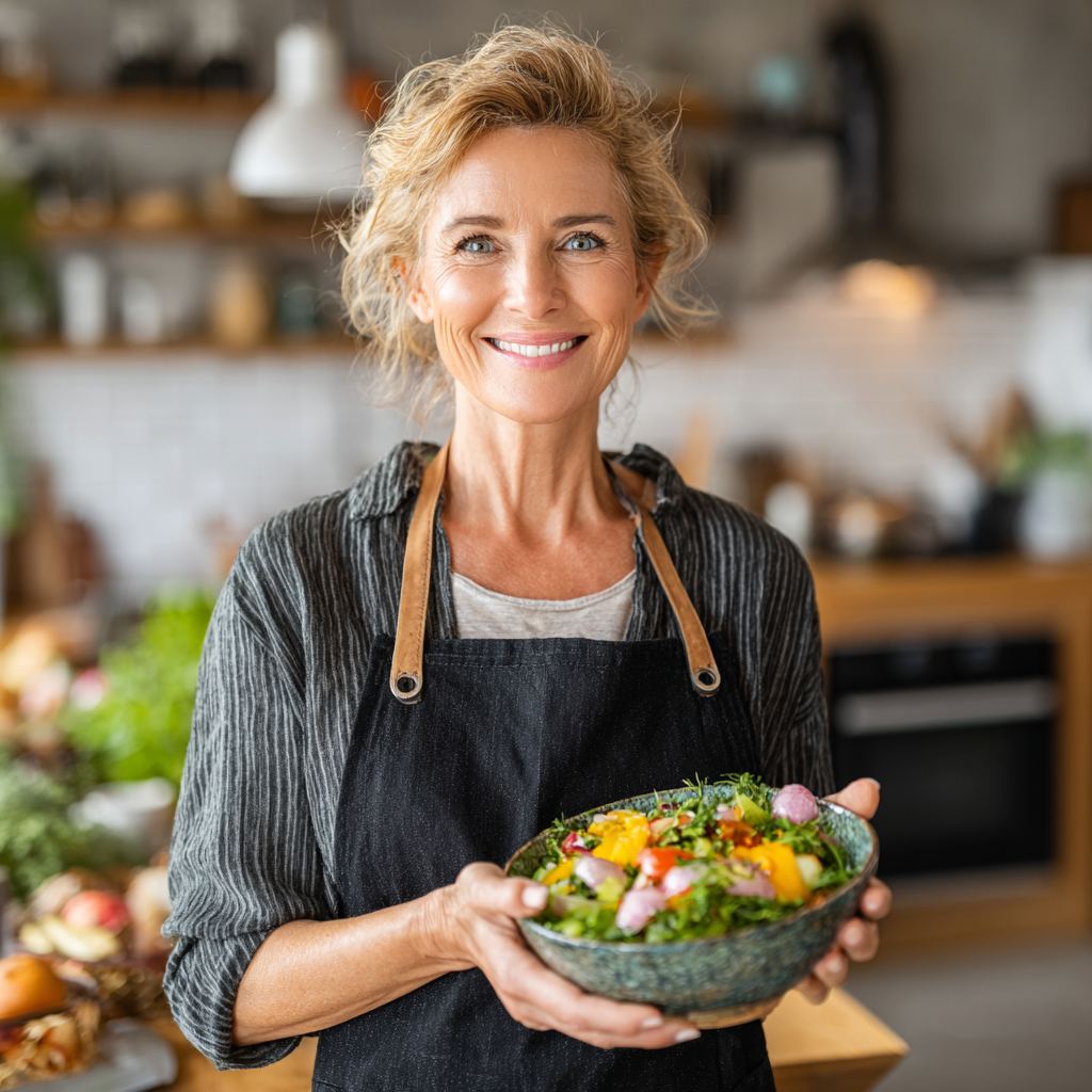 Confident middle-aged woman in her 40s with a warm smile, holding a colorful healthy salad bowl in a bright modern kitchen, wearing casual cooking attire, representing healthy lifestyle and nutrition planning