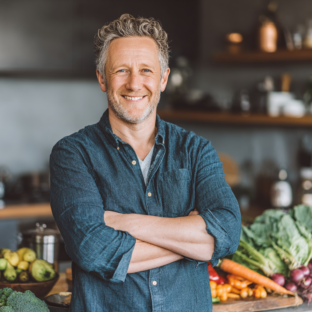 Smiling middle-aged man in his late 40s with gray hair, wearing a casual button-up shirt, standing in a modern kitchen while preparing a healthy meal with fresh vegetables and fruits, representing successful nutrition planning results